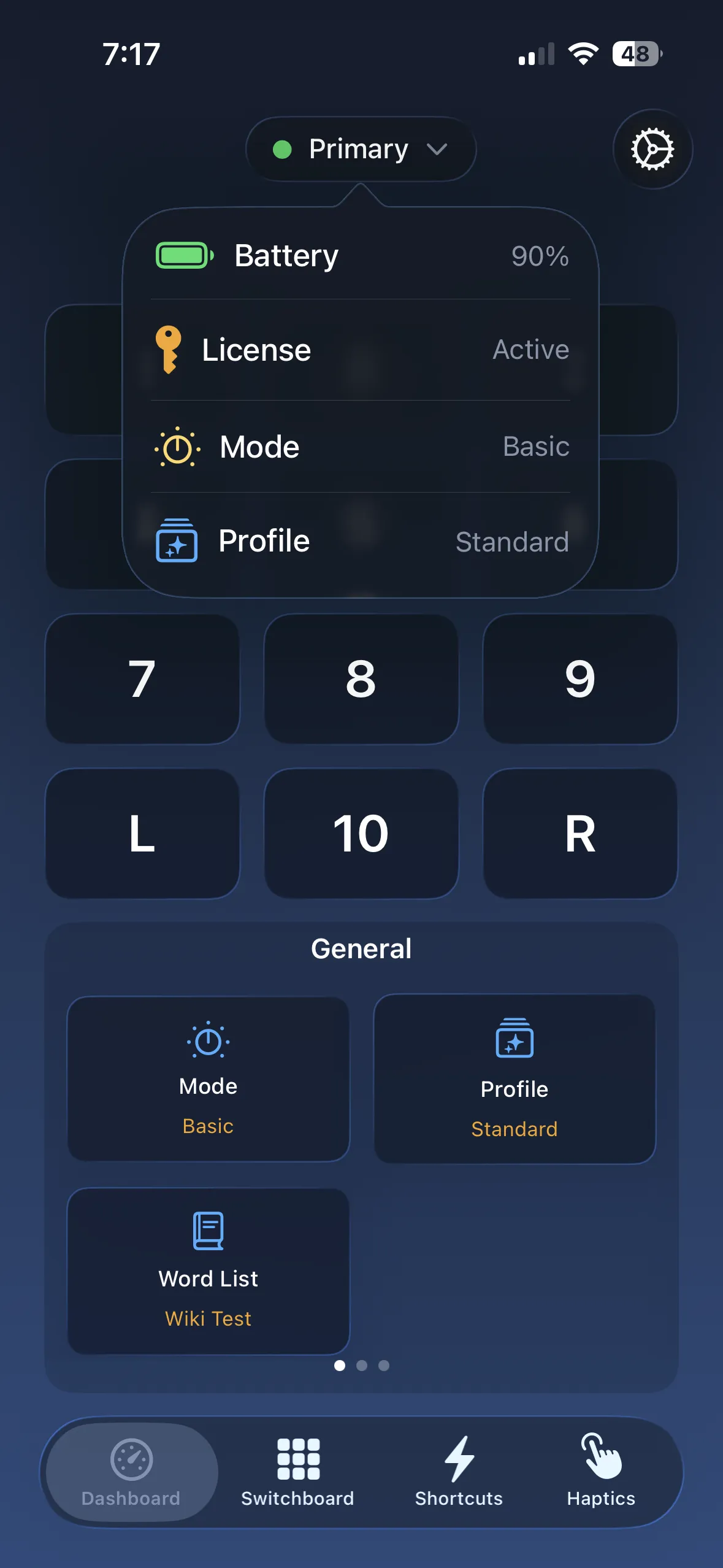 The Nexus Remote app dashboard, with profile switcher and quick configuration