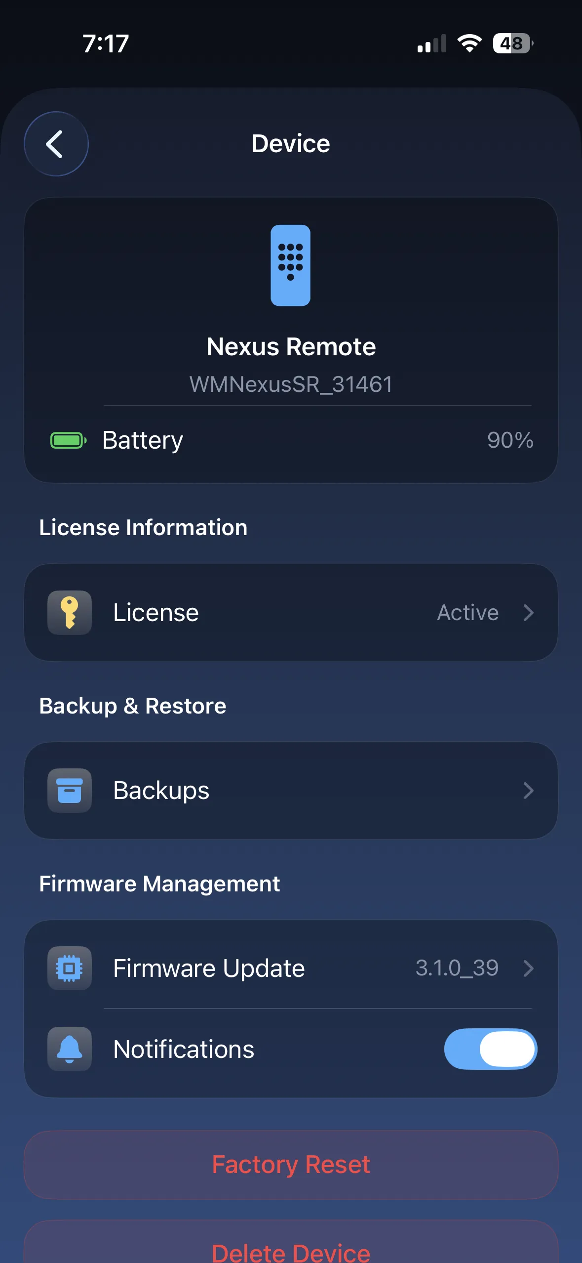 Device settings, firmware, backups and license, in the Nexus Remote app