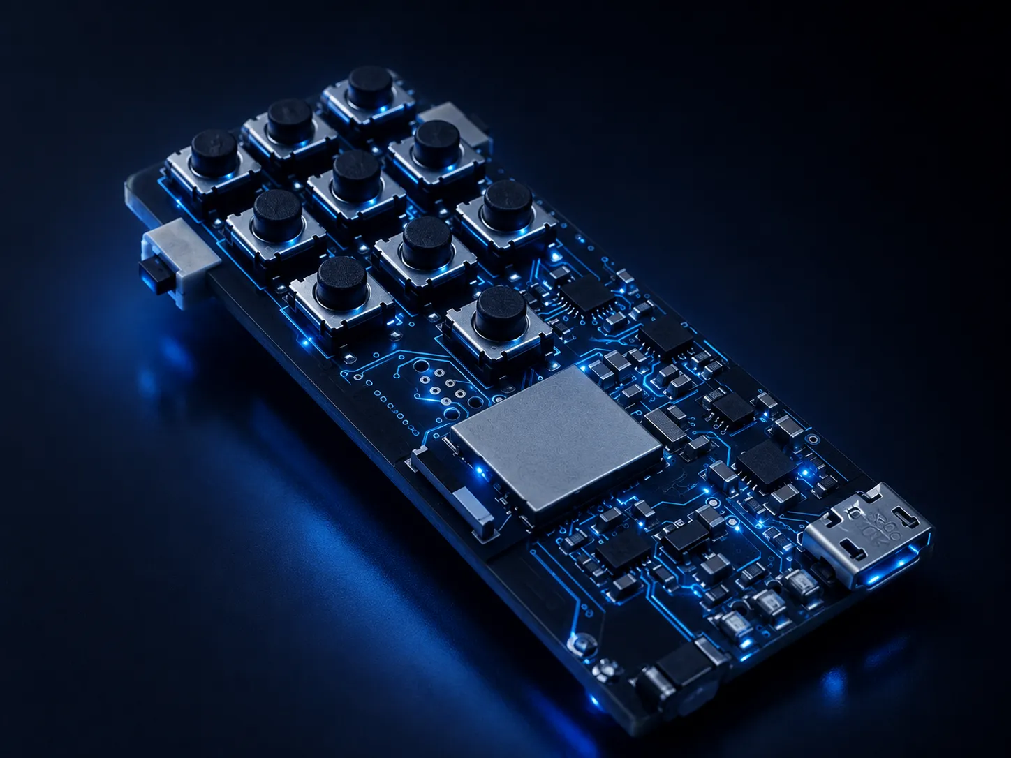 The Nexus Remote circuit board, its traces glowing electric blue