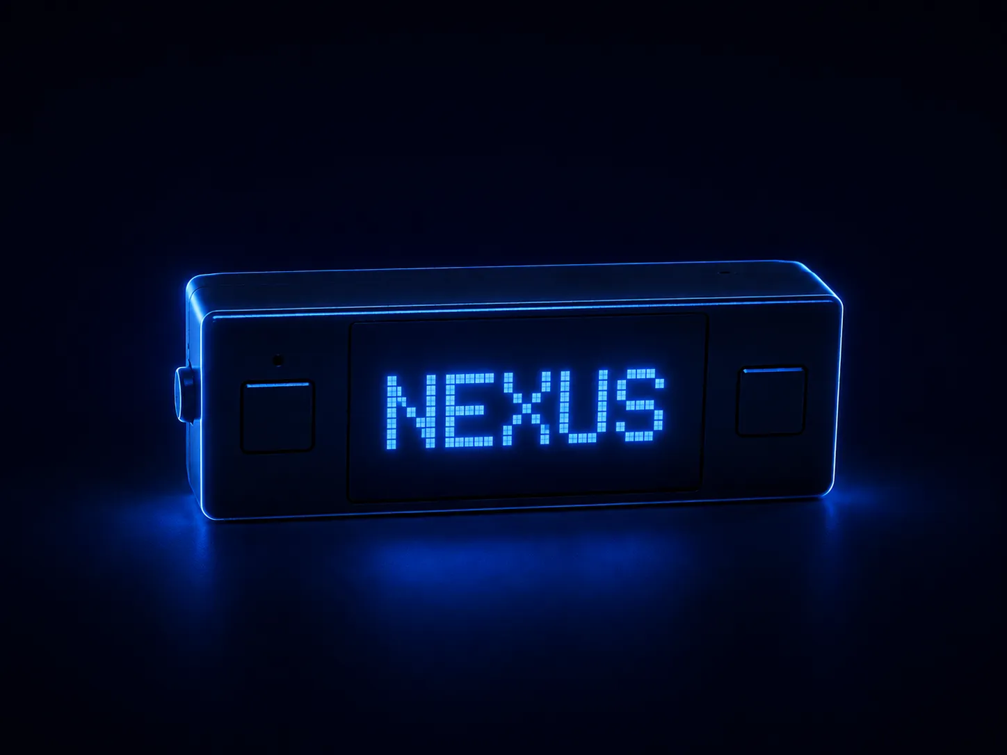 A small companion display device glowing blue, its screen reading NEXUS
