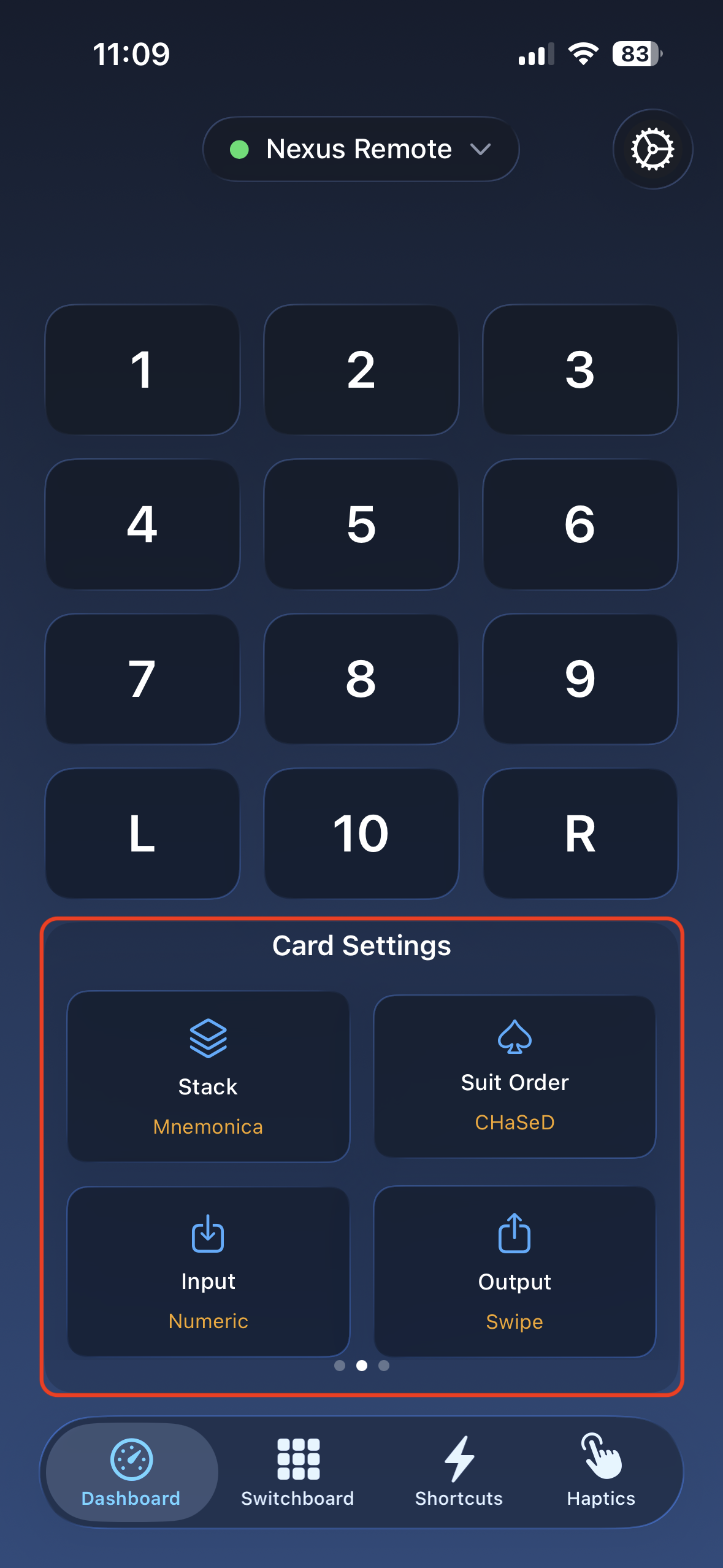Nexus Remote dashboard showing quick settings for Playing Cards stack, suit order, input, and output