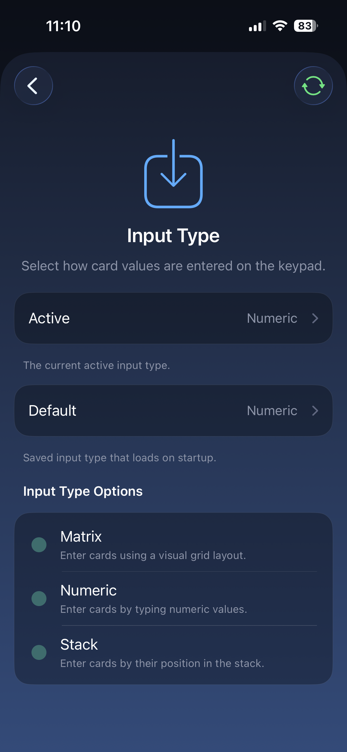 Nexus Remote Input Type settings page showing Active, Default, and Matrix, Numeric, and Stack options