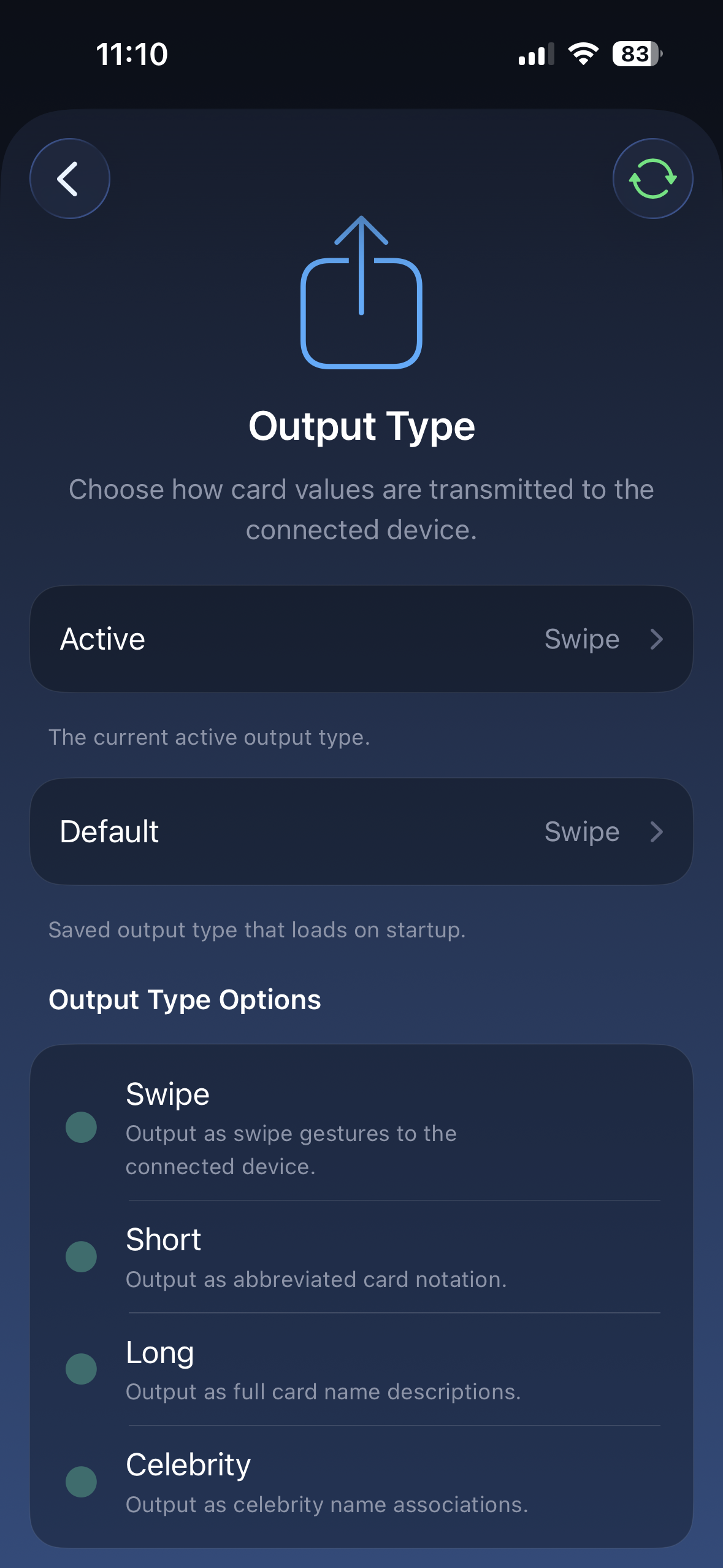 Nexus Remote Output Type settings page showing Active, Default, and Swipe, Short, Long, and Celebrity options