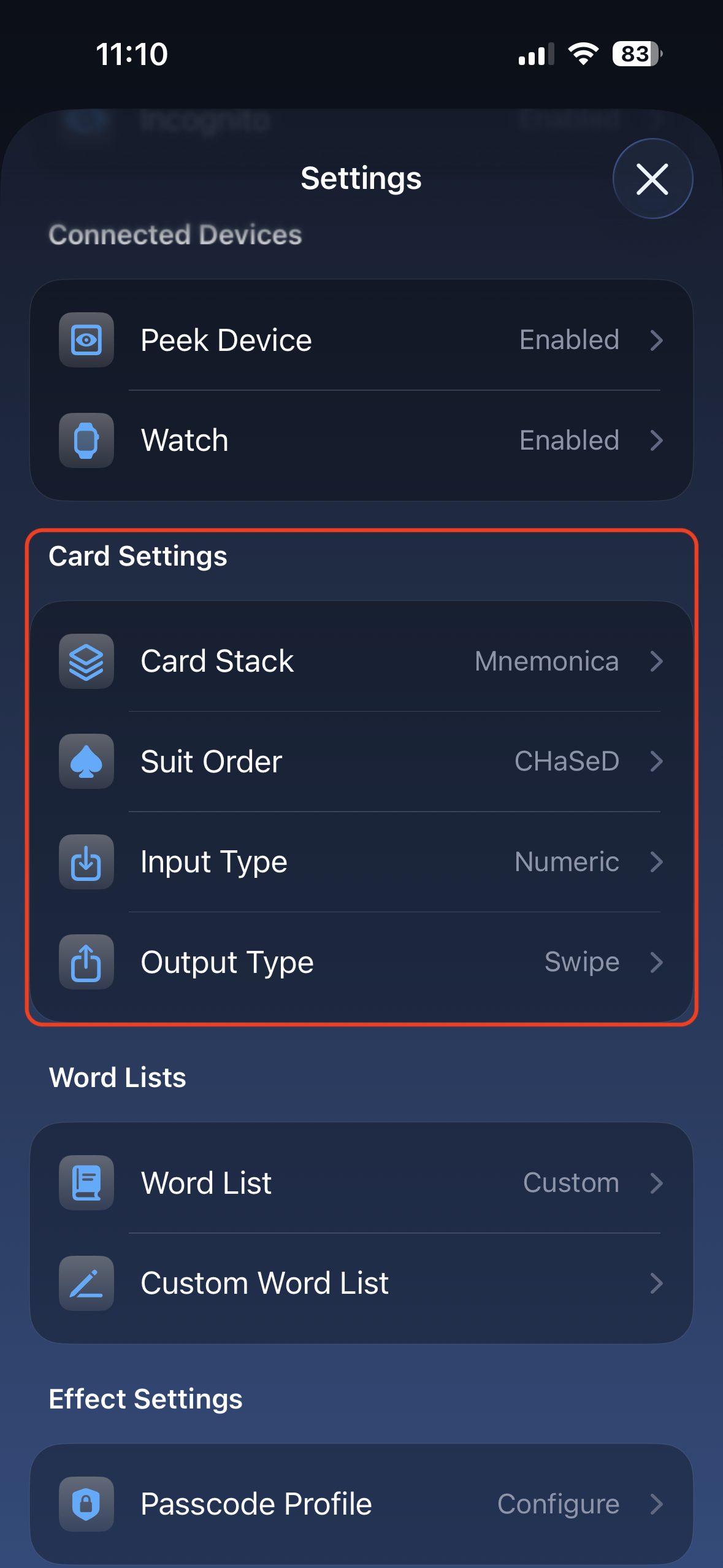 Nexus Remote Settings page showing the Card Settings section with Card Stack, Suit Order, Input Type, and Output Type