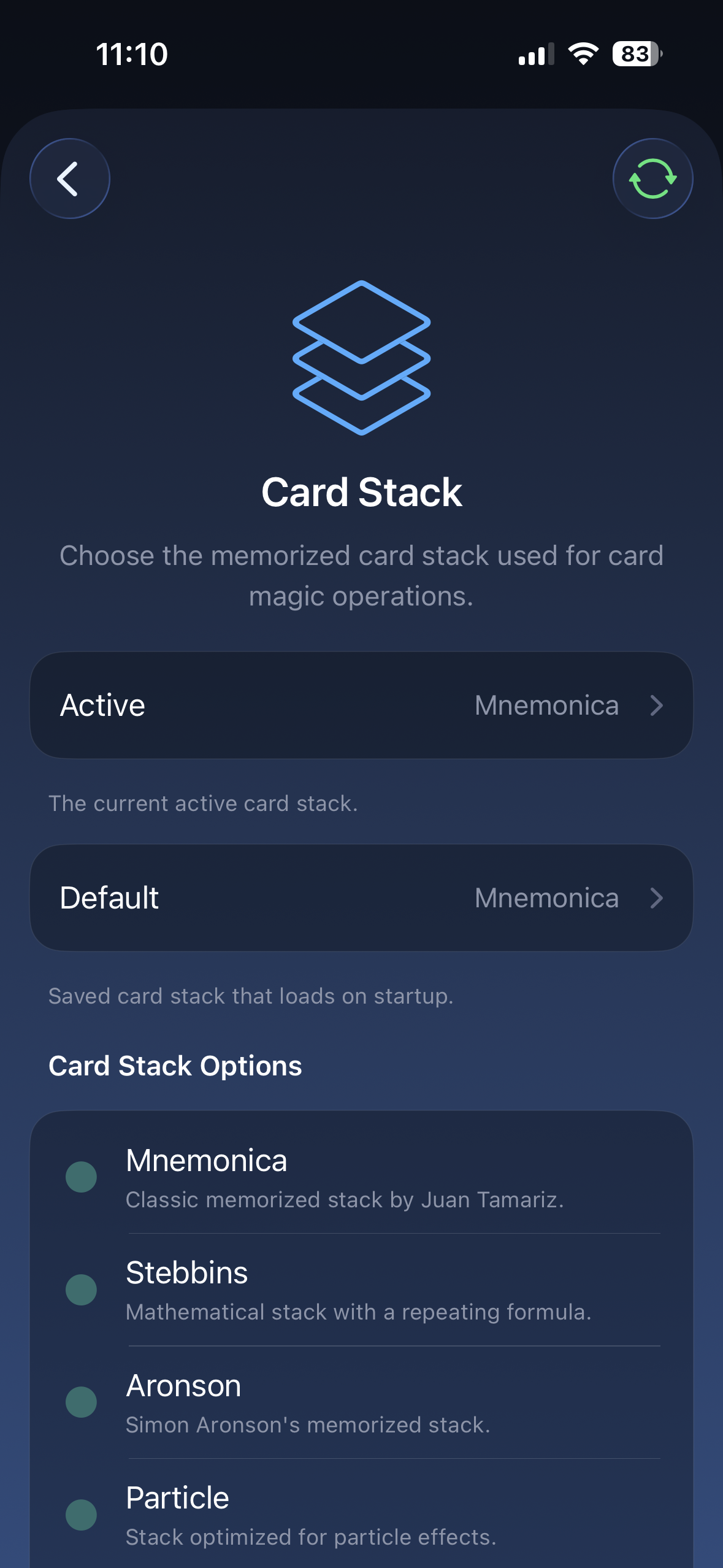 Nexus Remote Card Stack settings page showing Active, Default, and stack options including Mnemonica, Stebbins, Aronson, and Particle