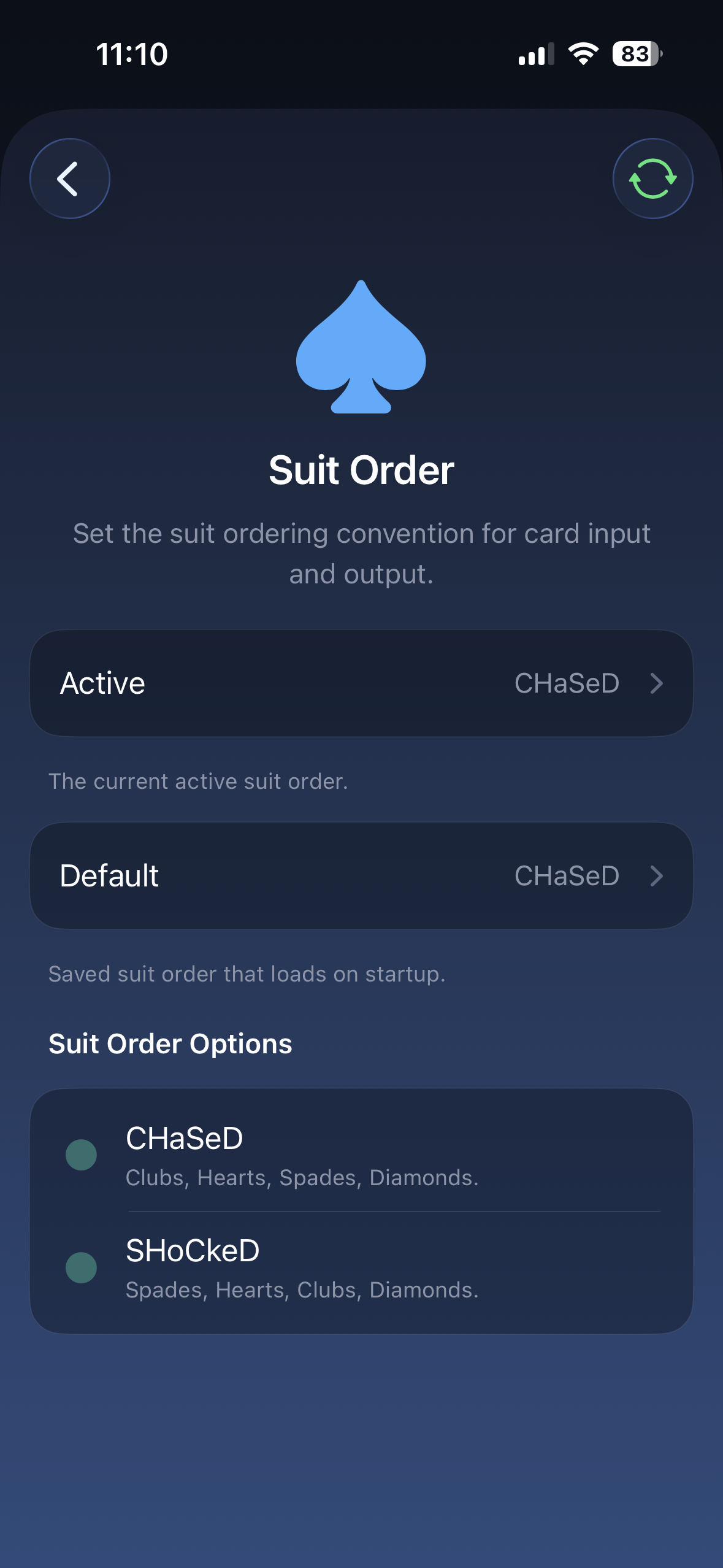 Nexus Remote Suit Order settings page showing Active, Default, CHaSeD, and SHoCkeD options
