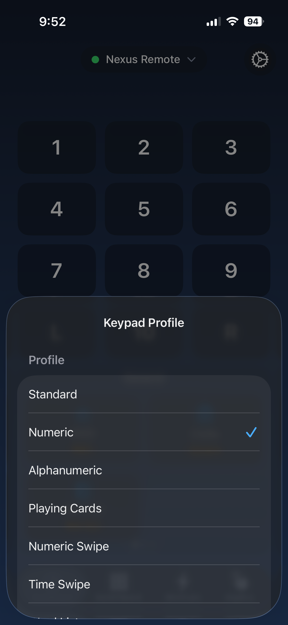 Nexus Remote dashboard with the Keypad Profile quick select menu open