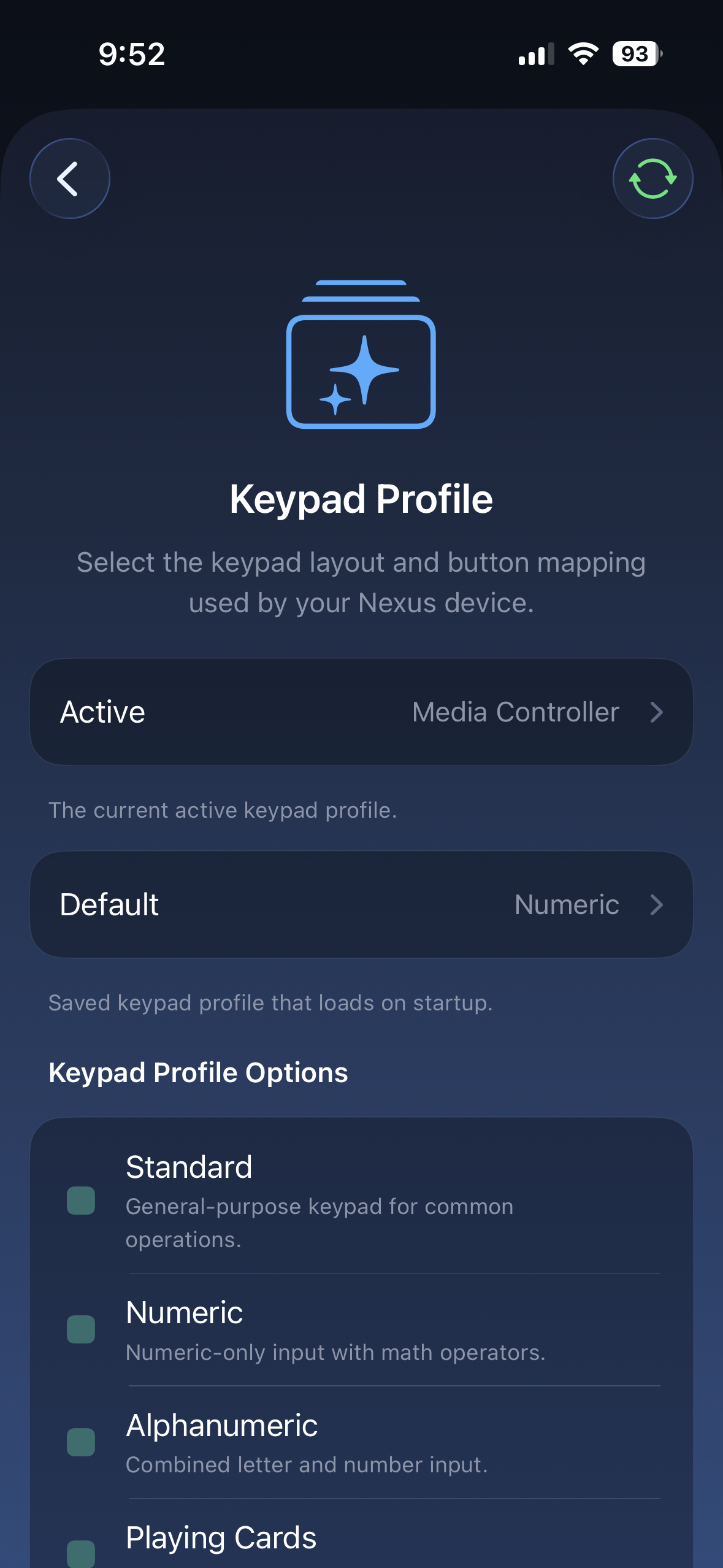 Nexus Remote Profile Settings screen showing Active and Default profile rows