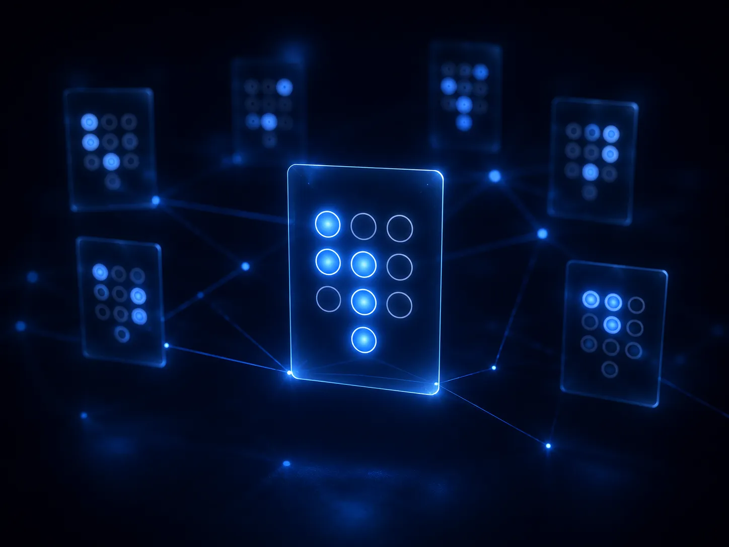 Many translucent holographic keypad profiles arranged in a glowing blue network