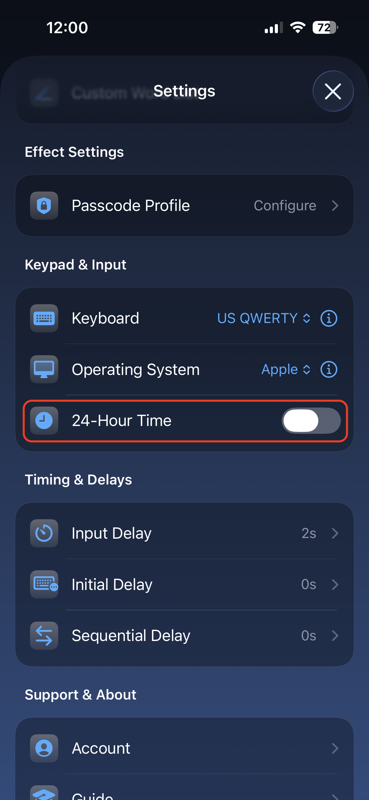 Nexus Remote Settings screen showing the Time Swipe 24-Hour Time toggle