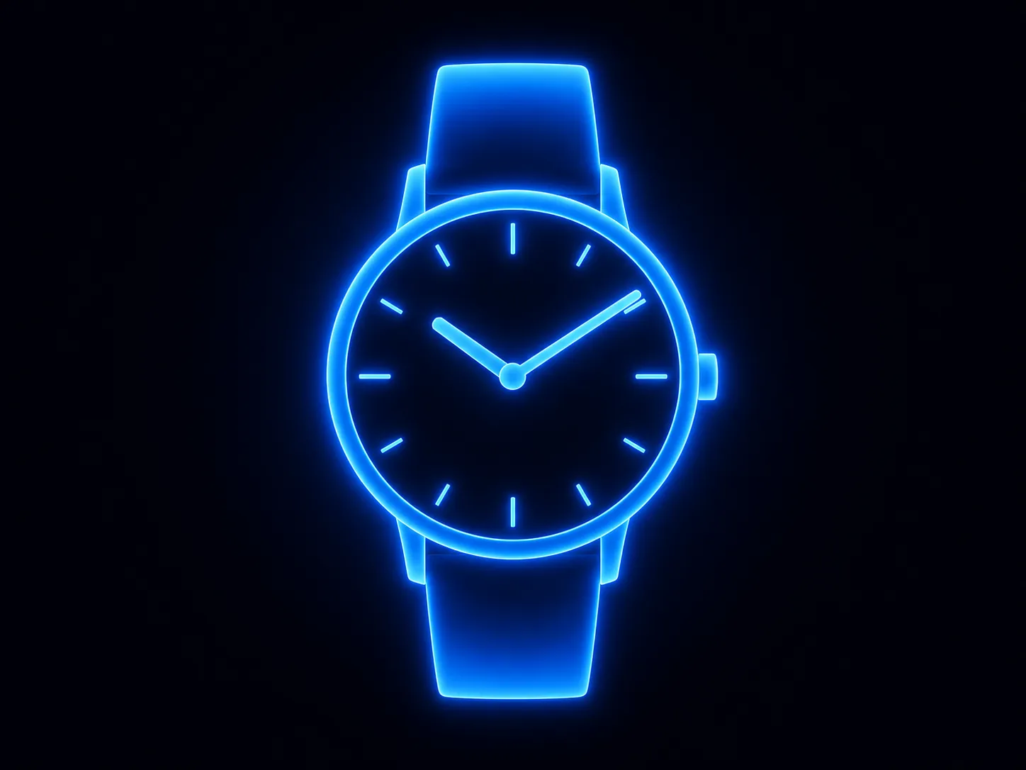 A simple analog wristwatch rendered as a glowing blue emblem