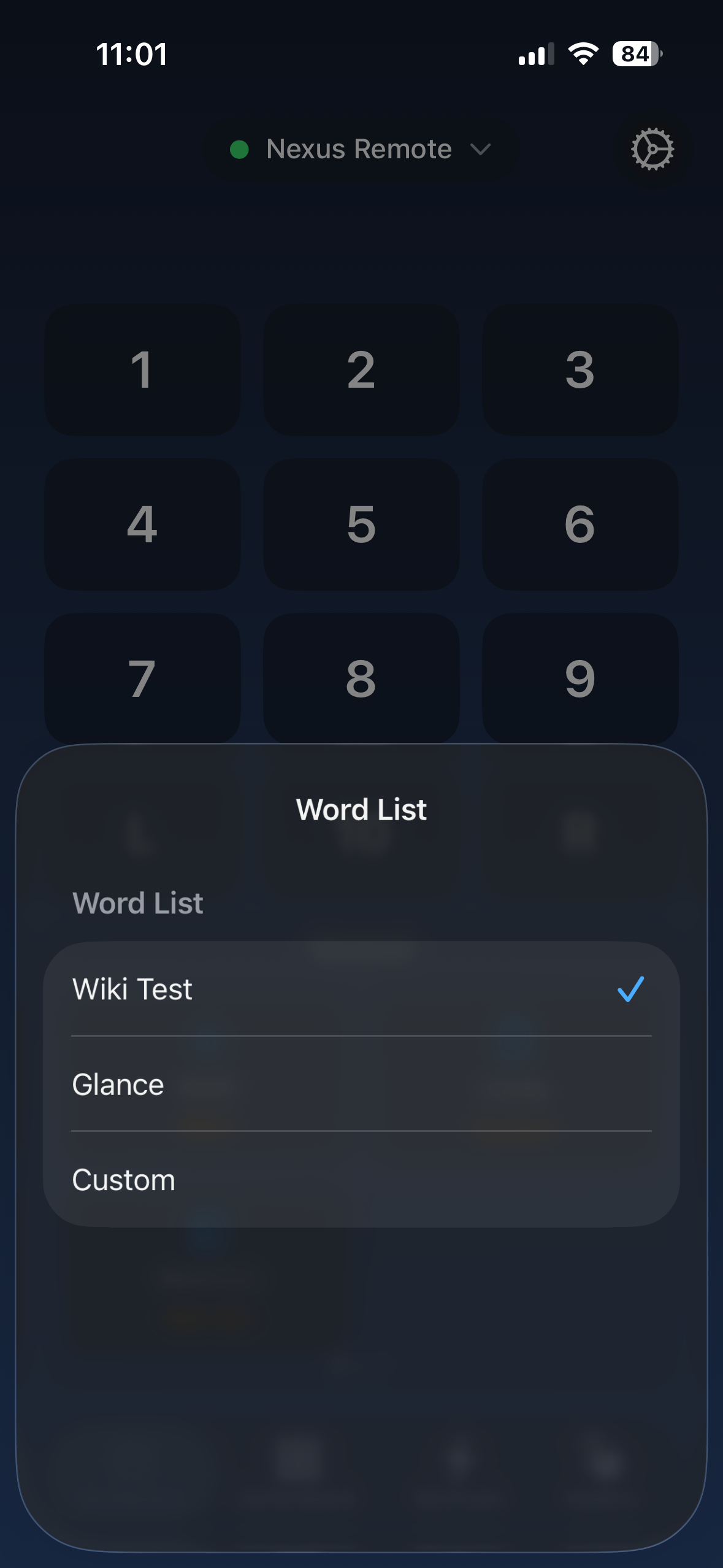 Nexus Remote dashboard with the Word List quick select menu open