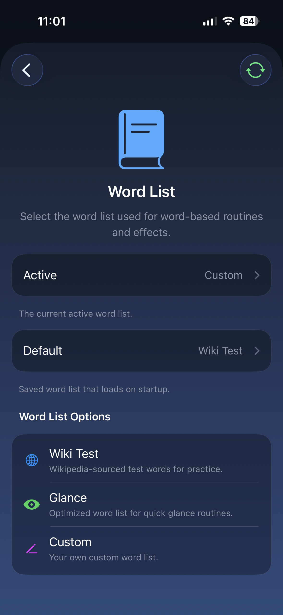 Nexus Remote Word List settings screen showing Active and Default word list rows
